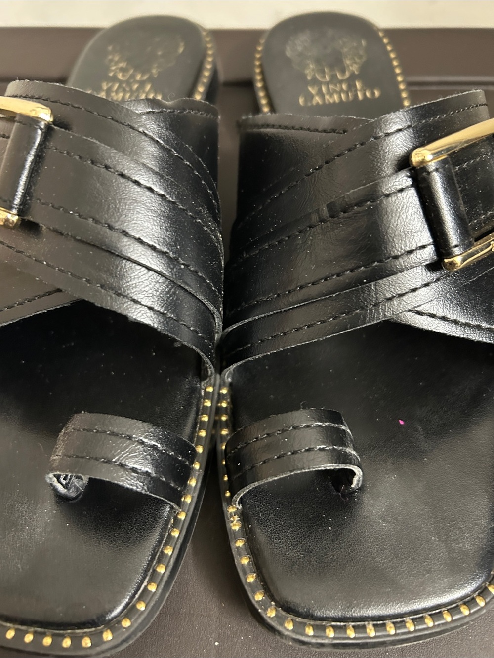 Vince Camuto Black Leather Slide Sandals with Gold Stud Accents